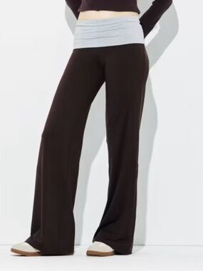Wild fable Black Wide-Leg Lounge Pants with Light Gray Fold-Over Waistband